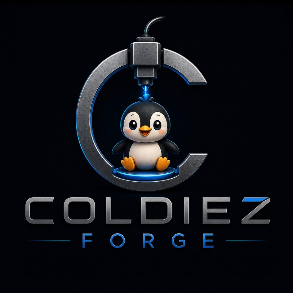 Coldiez Forge logo with a penguin beneath a 3D printer nozzle
